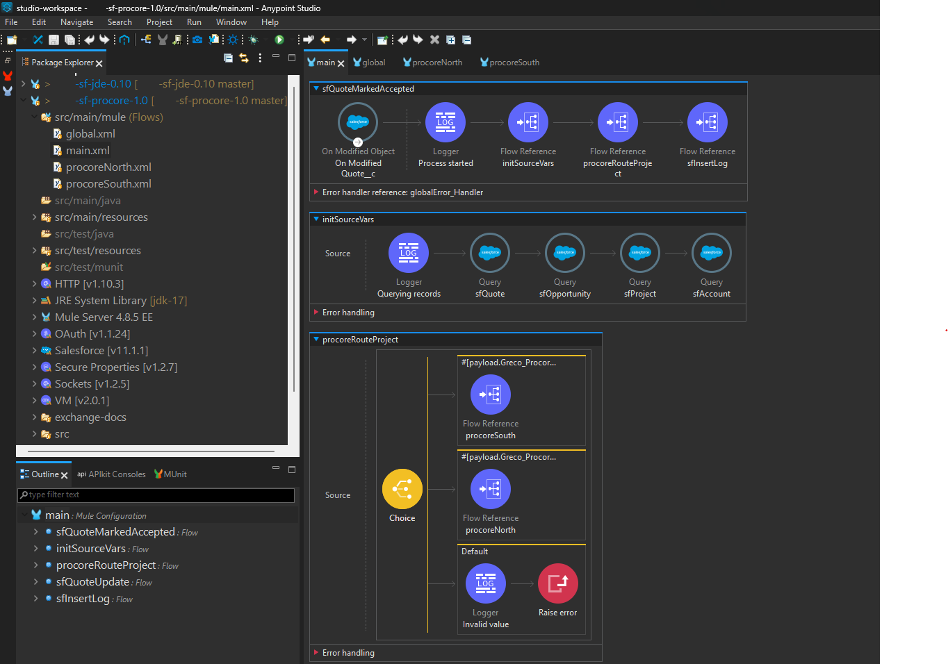 MuleSoft flow screenshot for the Procore integration