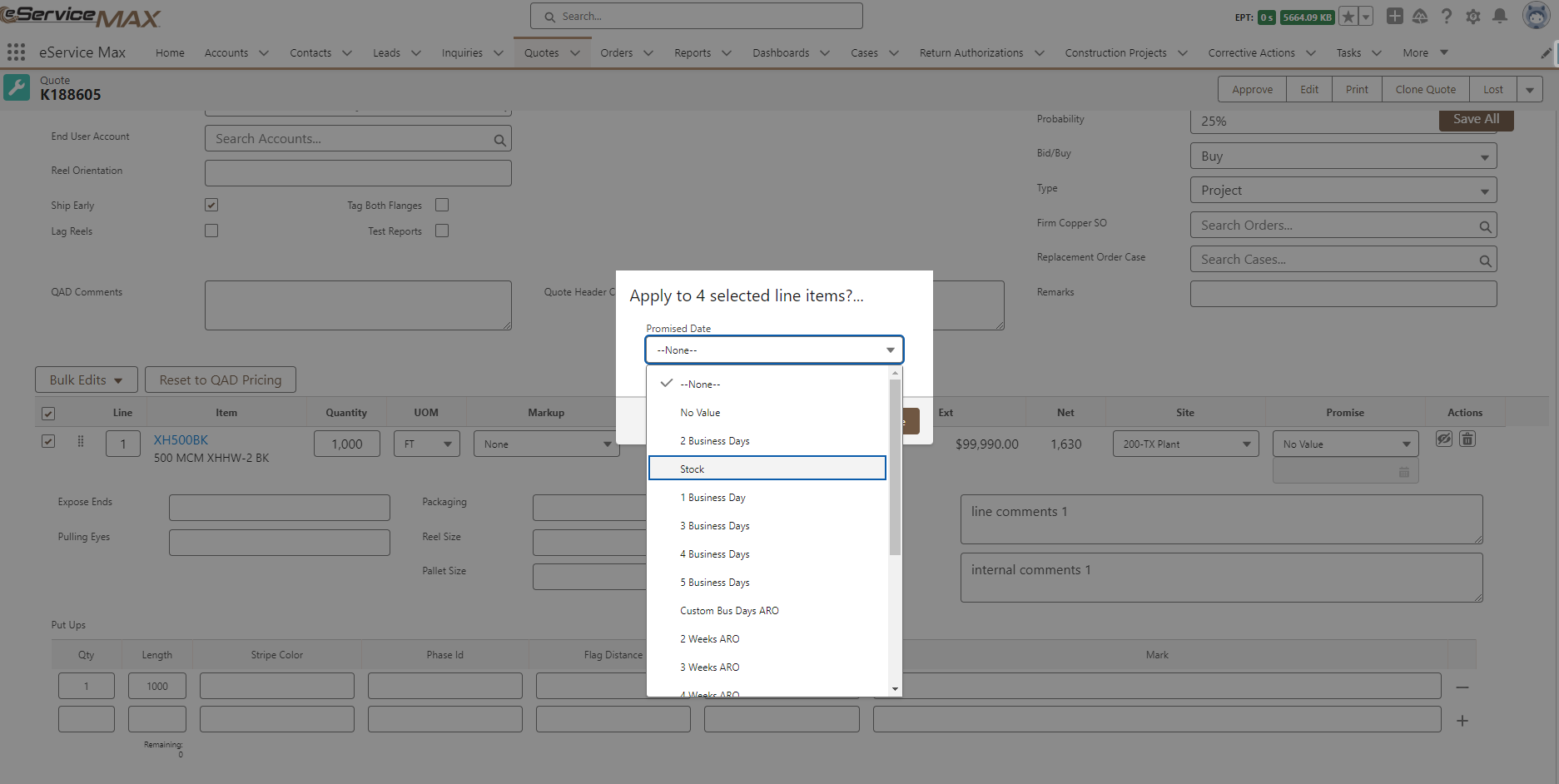 Bulk edit workflow in the quote builder