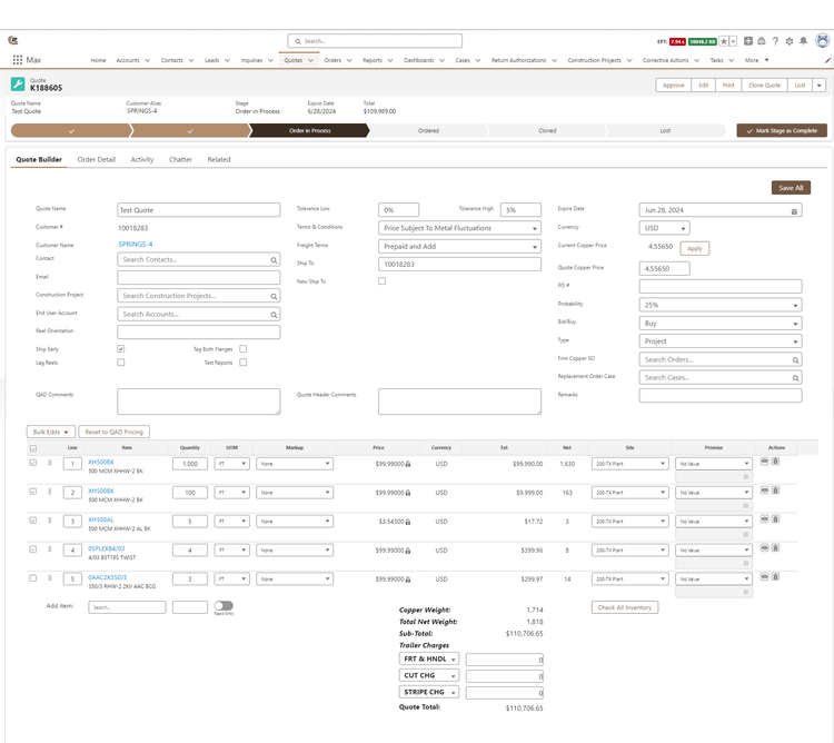 Quote builder interface with collapsed rows