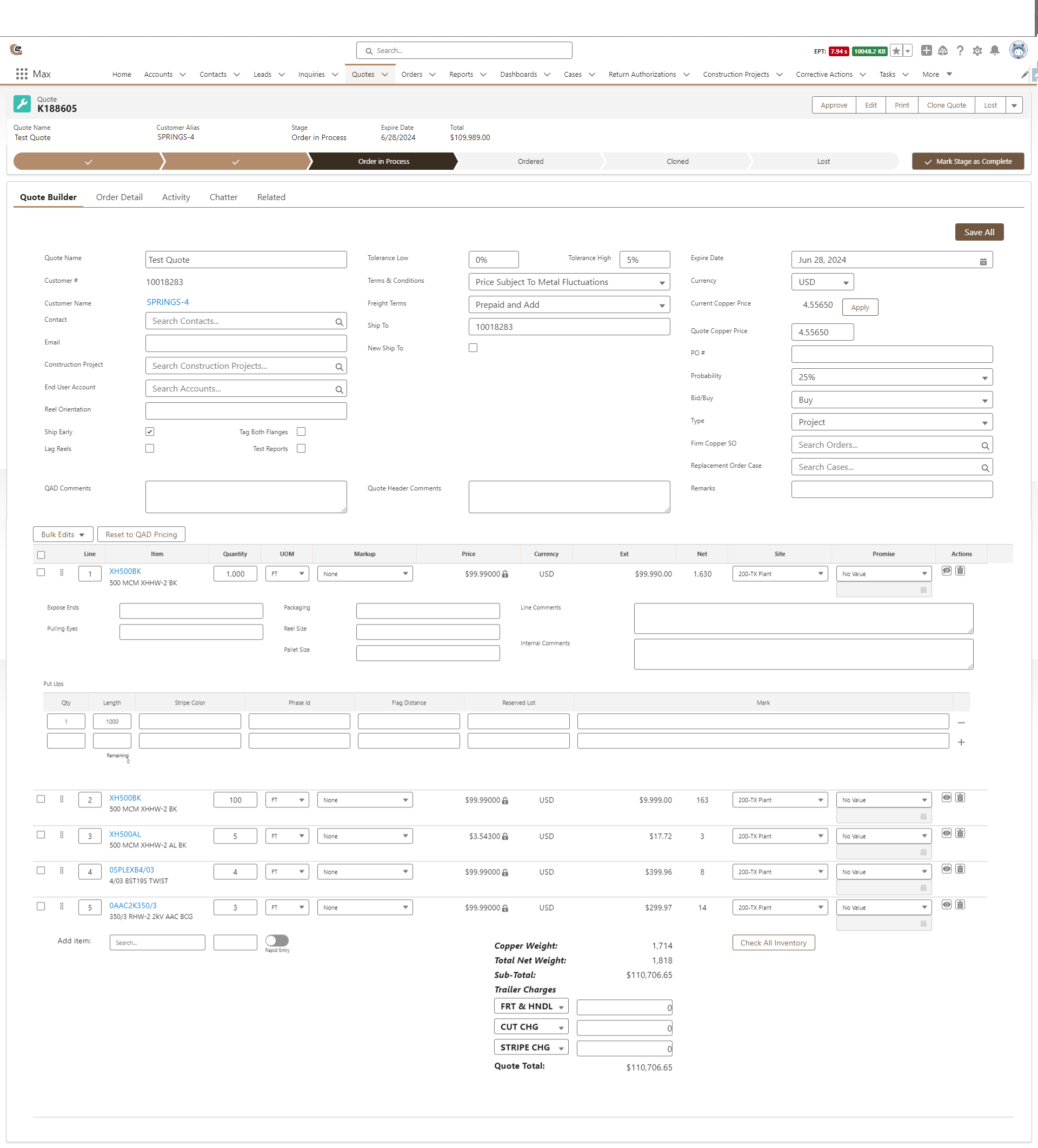 Quote builder interface with an expanded row