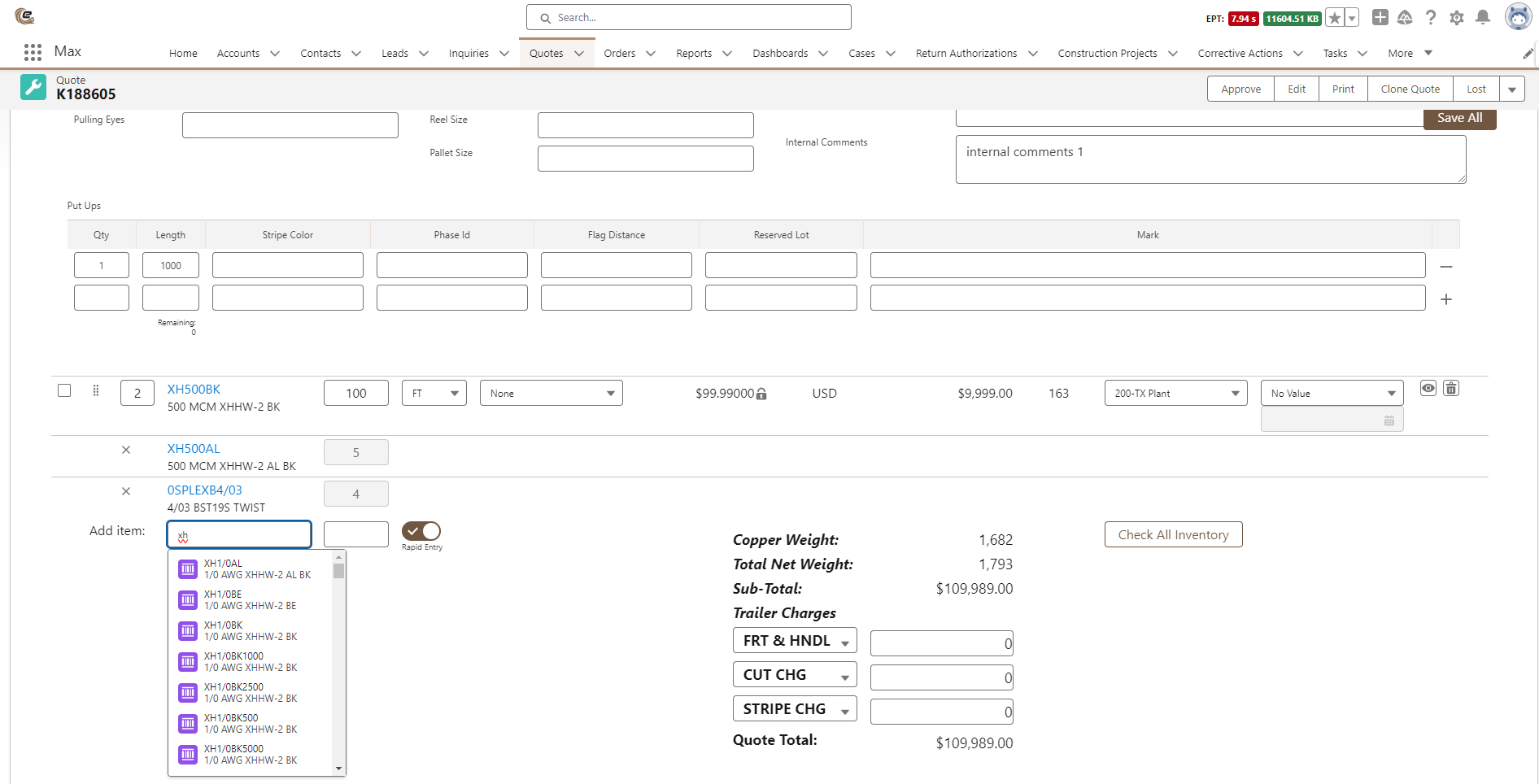 Quote builder product search screenshot