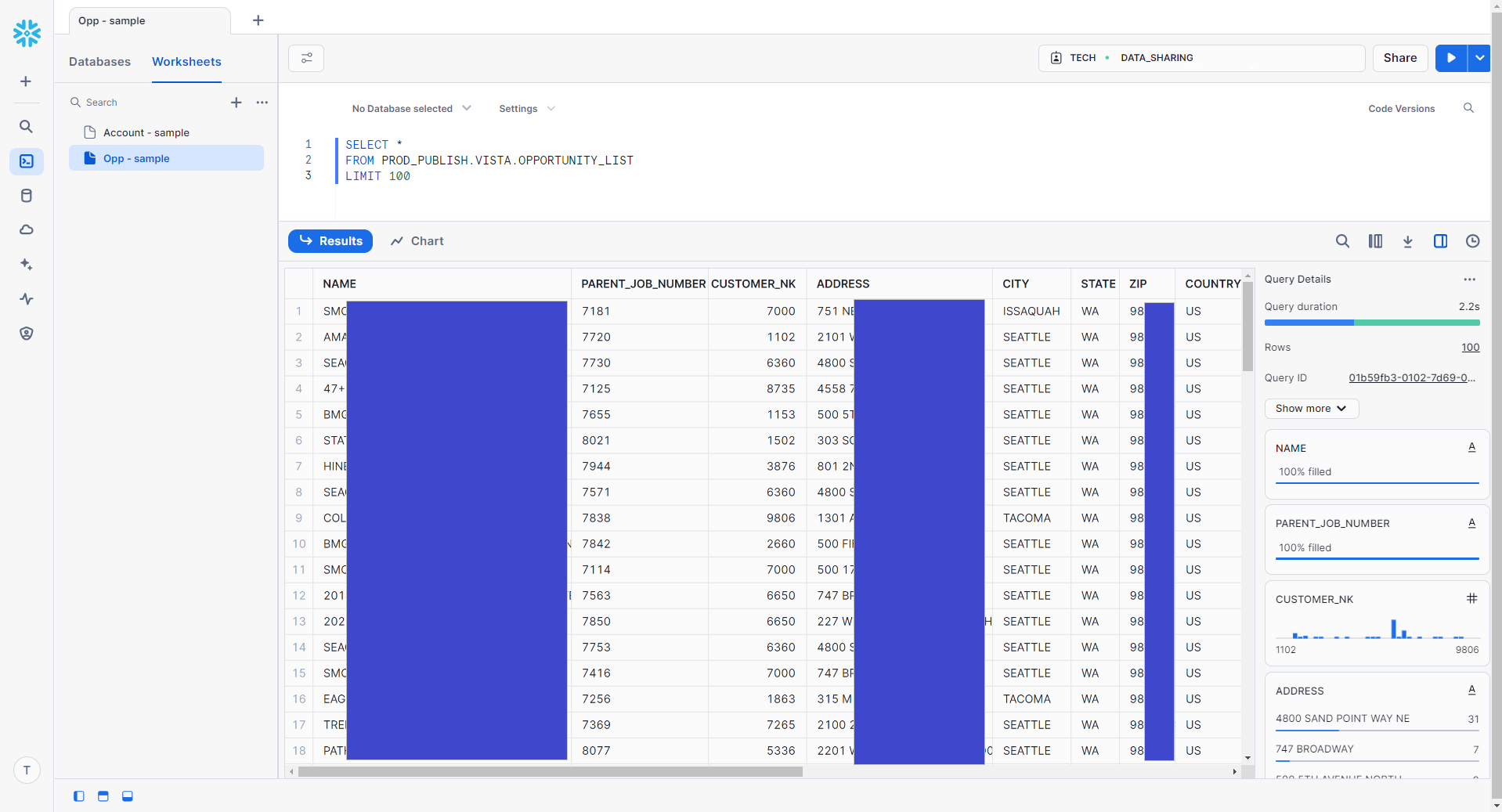 Snowflake SQL query screenshot